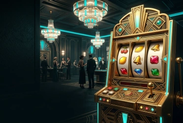 Máquina de slots dourada com símbolos de frutas e pedras preciosas